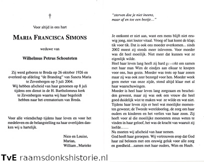 Maria Francisca Simons Wilhelmus Petrus Schouteten