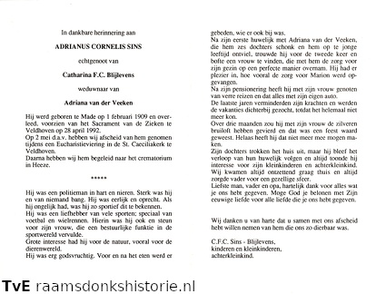 Adrianus Cornelis Sins Catharina F C Blijlevens Adriana van der Veeken