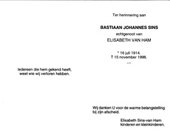 Bastiaan Johannes Sins Elisabeth van Ham