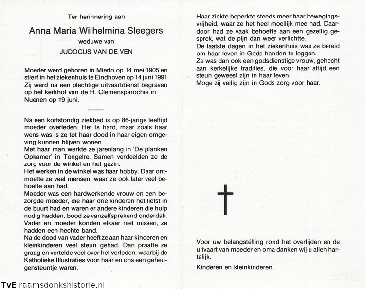 Anna Mraia Wilhelmina Sleegers Judocus van de Ven