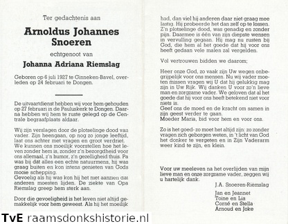 Arnoldus Johannes Snoeren Johanna Adriana Riemslag
