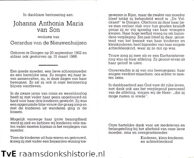 Johanna Anthonia Maria  van Son Gerardus van de Nieuwenhuijzen