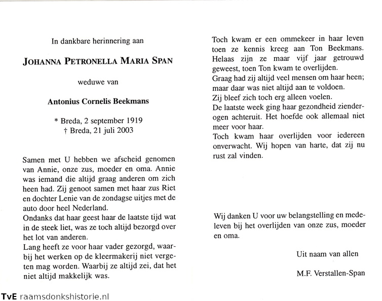 Johanna Petronella Maria Span Antonius Cornelis Beekmans