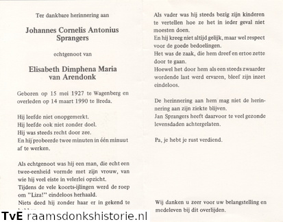 Johannes Cornelis Antonius Sprangers Elisabeth Dimphena Maria van Arendonk
