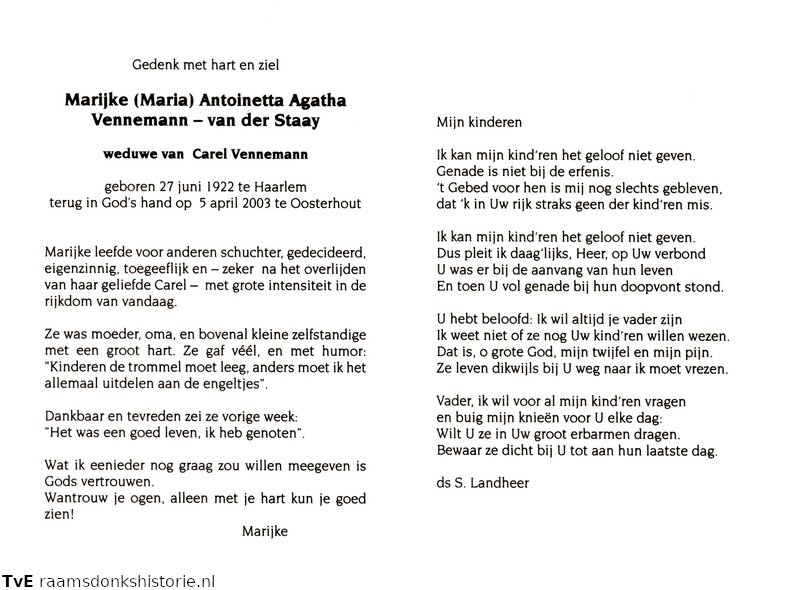 Maria Antoinetta Agatha van der Staay Carel Vennemann
