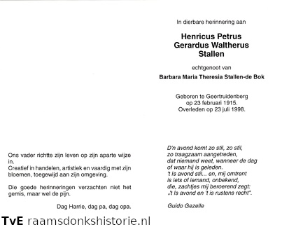 Henricus Petrus Gerardus Waltherus Stallen Barbara Maria Theresia de Bok