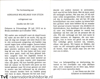 Adrianus Wilhelmus van Steen Jacoba van der List