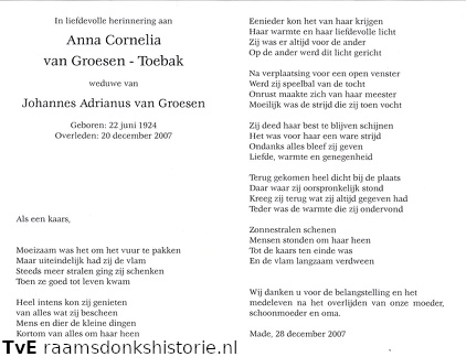 Anna Cornelia Toebak Johannes Adrianus van Groesen