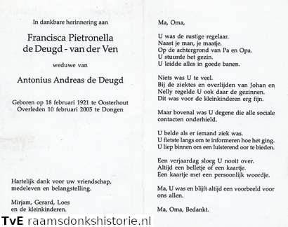 Francisca Pietronella van der Ven Antonius Andreas de Deugd