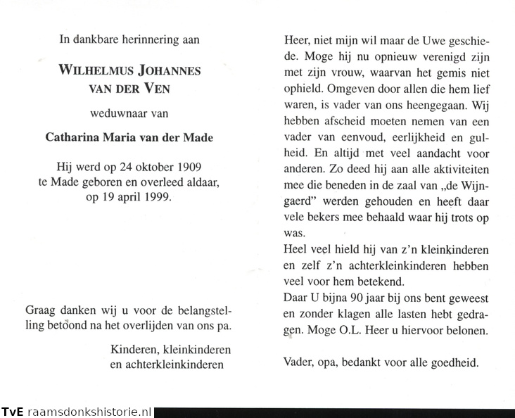 Wilhelmus  Johannes van der Ven Catharina van der Made