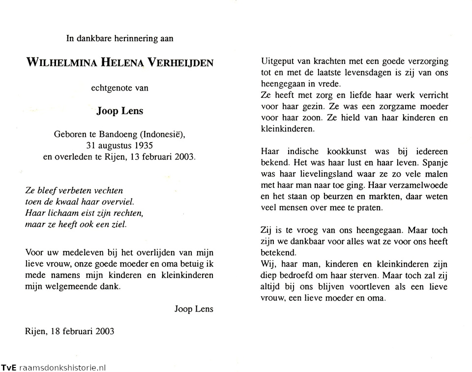 Wilhelmina Helena Verheijden  Joop Lens