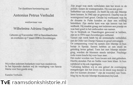Antonius Petrus Verhulst Wilhelmina Adriana Engelen