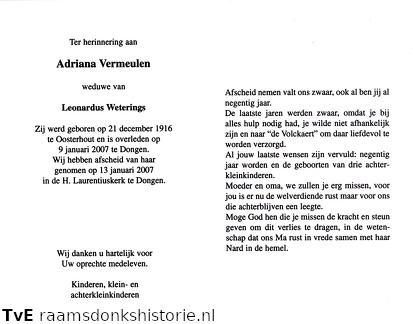 Adriana Vermeulen  Leonardus Weterings