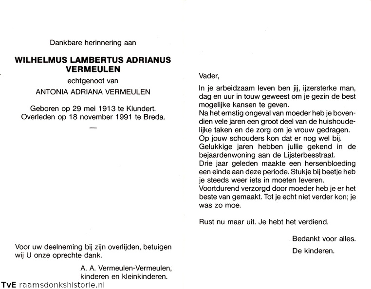 Wilhelmus Lambertus Adrianus Vermeulen  Antonia Adriana Vermeulen