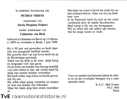 Petrus Vriens  Alexia Perpetua Frijters  Catharina van  Beek