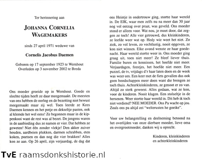 Johanna Cornelia Wagemakers Cornelis Jacobus Damen