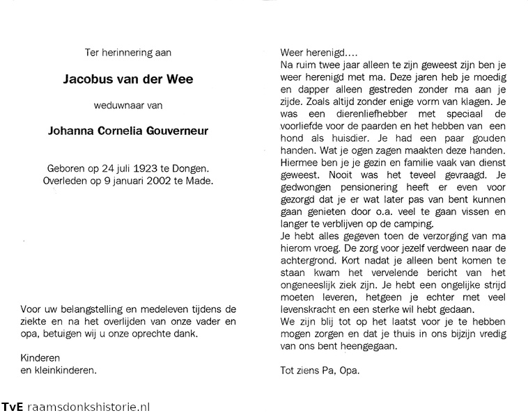 Jacobus van der Wee Johanna Cornelia Gouverneur