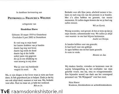 Pietronella Francisca Welten Hendrikus Hoeve