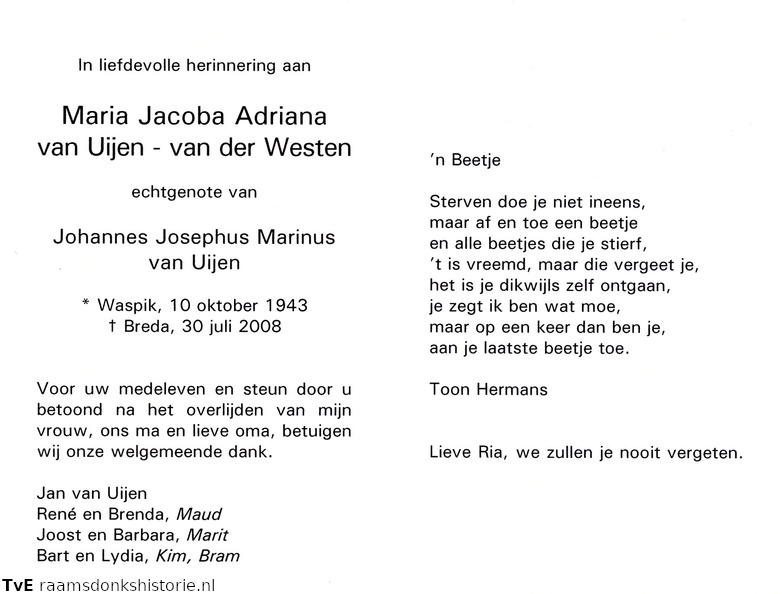 Maria Jacoba Adriana van der Westen Johannes Josephus Marinus van Uijen