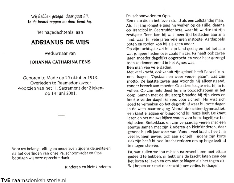 Adrianus de Wijs Johanna Catharina Fens