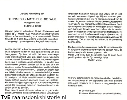 Bernardus Mattheus de Wijs Hendrika Kokx