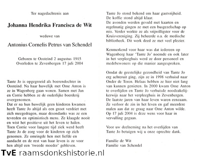 Johanna Hendrika Francisca de Wit Antonius Cornelis Petrus van Schendel