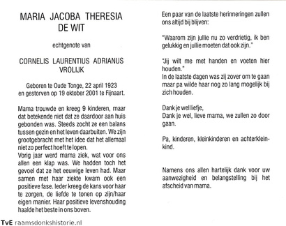 Maria Jacoba Theresia de Wit Cornelis Laurentius Adrianus Vrolijk