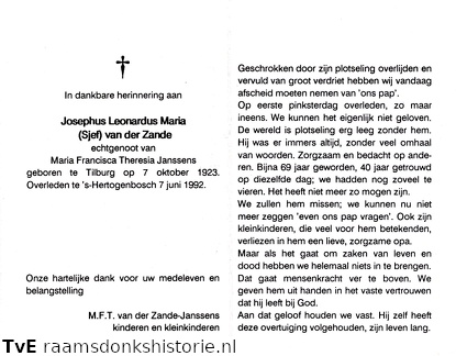 Josephus Leonardus Maria  van de Zande Maria Francisca Theresia Janssens