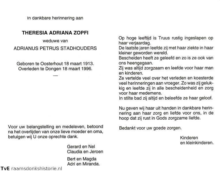 Theresia Adriana Zopfi Adrianus Petrus Stadhouders