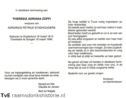 Theresia Adriana Zopfi  Adrianus Petrus Stadhouders