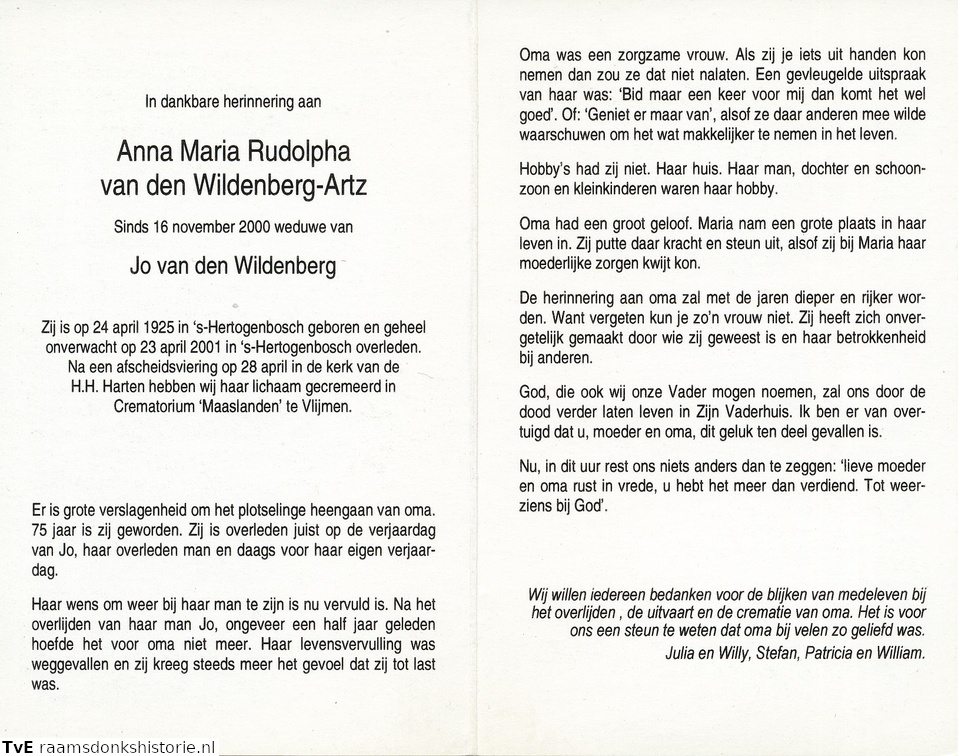 Anna Maria Rudolpha Artz Jo van den Wildenberg