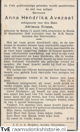 Anna Hendrika Avezaat- Adrianus Kroese