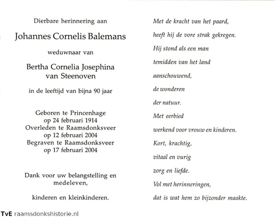 Johannes Cornelis Balemans Bertha Cornelia Josphina van Steenhoven