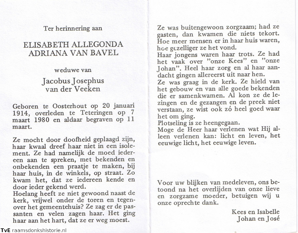 Elisabeth Allegonda Adriana van Bavel Jcobus Josephus van der Veeken v.d