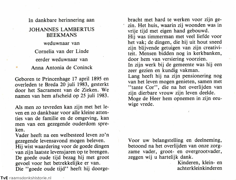 Johannes Lambertus Beekmans Cornelia van der Linde  Anna Antonia de Coninck
