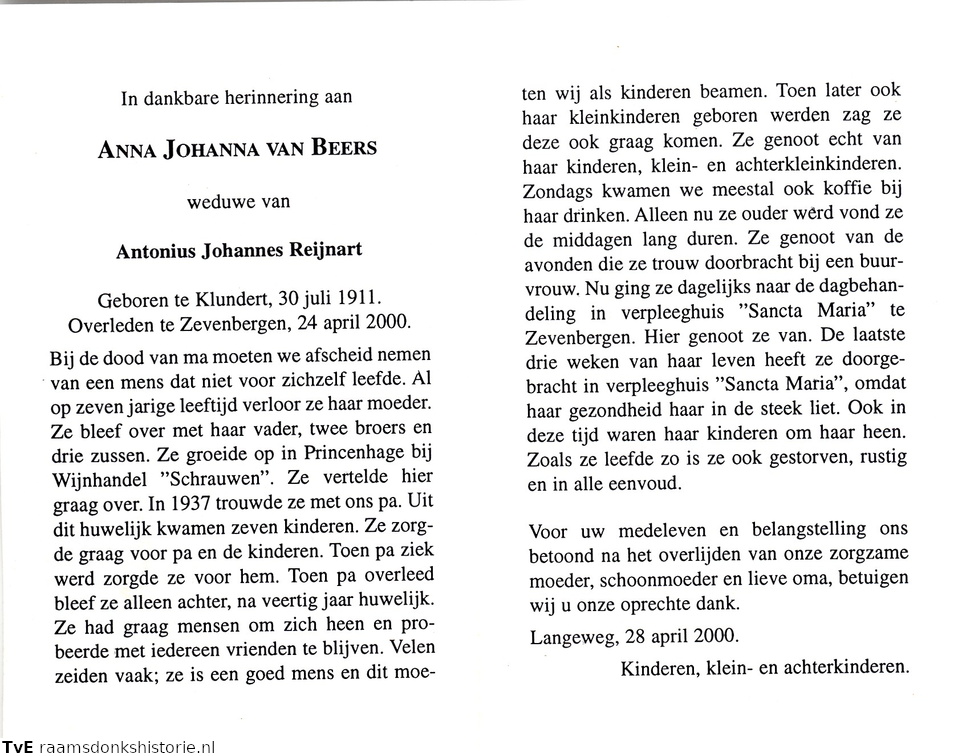 Anna Johanna van Beers Antonius Johannes Reijnart