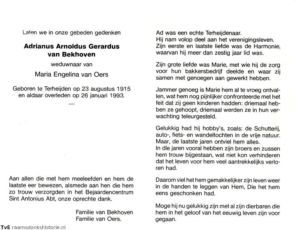 Adrianus Arnoldus Gerardus van Bekhoven Maria Engelina van Oers