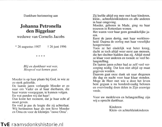 Johanna Petronella den Biggelaar Cornelis Jacobs