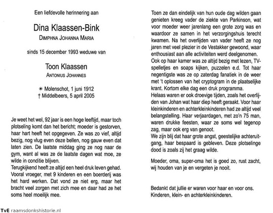 Dimphna Johanna Maria Bink Antonius Johannes Klaassen
