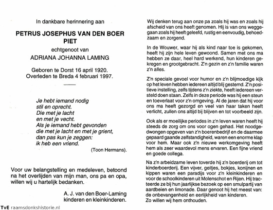 Petrus Josephus van den Boer Adriana Johanna Laming
