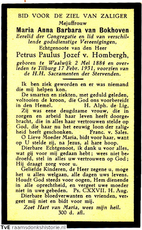 Maria Anna Barbara van Bokhoven Petrus Paulus Jozef van Hombergh