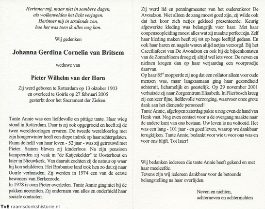 Johanna Gerdina Cornelia van Britsem Pieter Wilhelm van der Horn