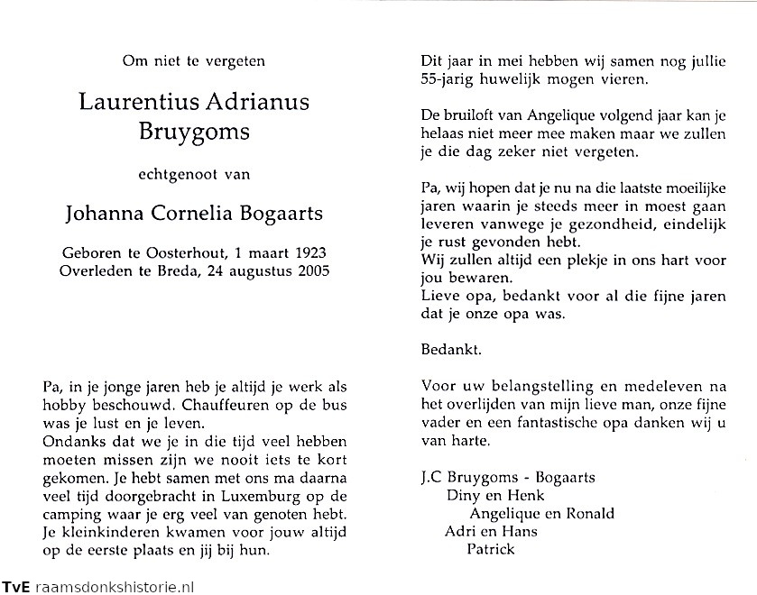 Laurentius Adrianus Bruygoms Johanna Cornelia Bogaarts
