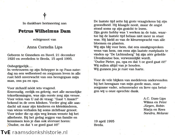 Petrus Wilhelmus Dam Anna Cornelia Lips
