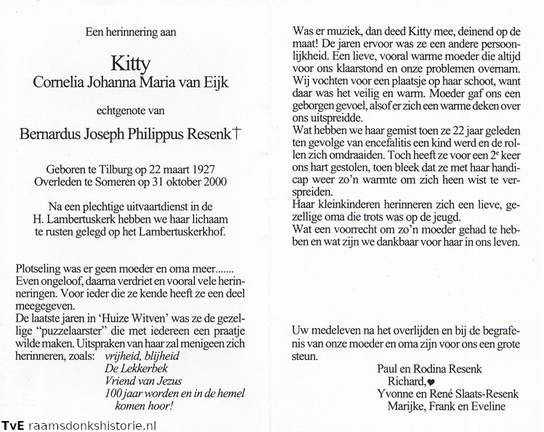 Cornelia Johanna Maria van Eijk- Bernardus Joseph Philippus Resenk