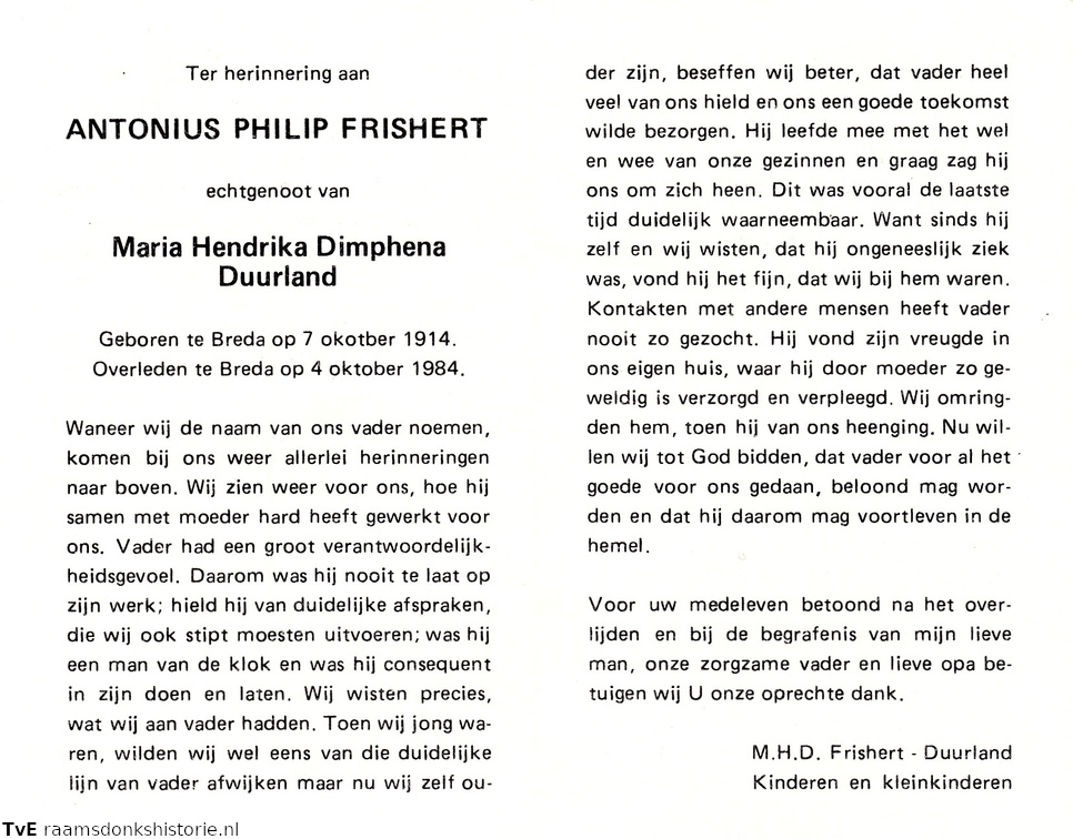 Antonius Philip Frishert- Maria Hendrika Dimphena Duurland