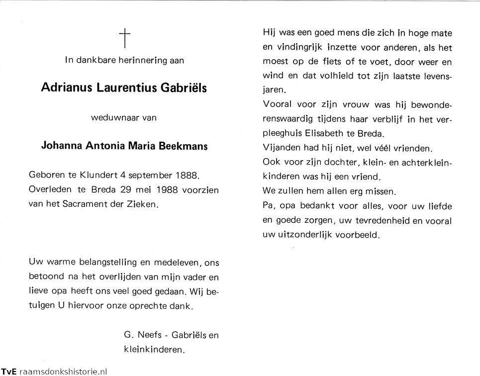 Adrianus Laurentius Gabriëls- Johanna Antonia Maria Beekmans