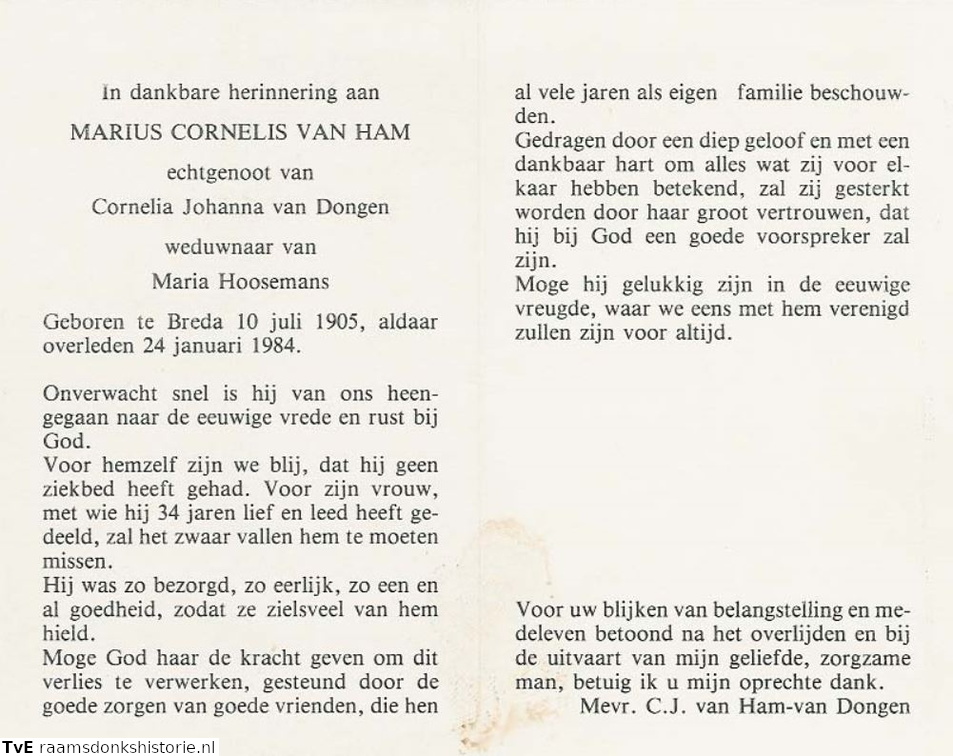Marius Cornelis van Ham Cornelia Johanna van Dongen  Maria Hoosemans