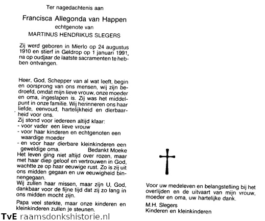 Francisca Allegonda van Happen Martinus Hendrikus Slegers
