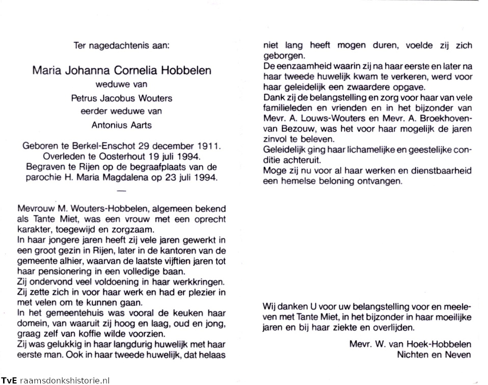 Maria Johanna Cornelia Hobbelen Petrus Jacobus Wouters  Antonius Aarts